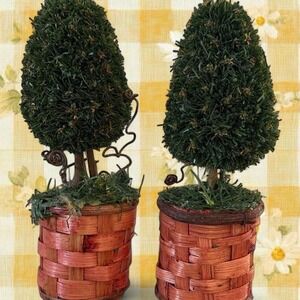 Green topiary trees with brown baskets